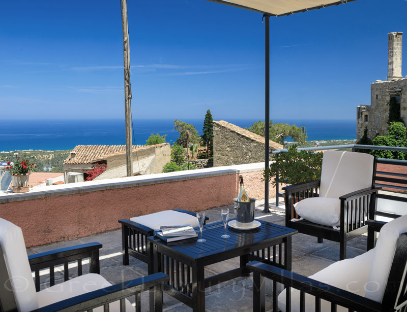 The roof terrace of the exclusive historic villa in a traditional village of Crete
