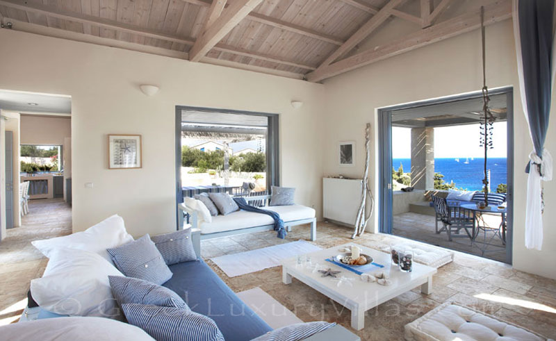Seaview from the lounge of a beachfront villa with a pool in Paxos