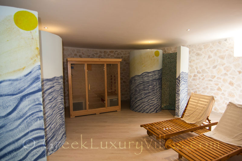 The sauna and the gym of a luxury villa with a pool in Paxos