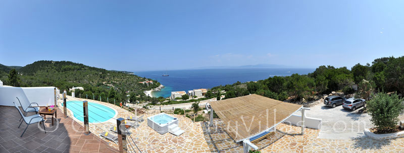 Panoramic view of the sea from a villa with a pool in Paxos
