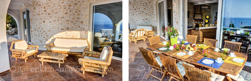 The outdoor dining area of a cheerfully decorated villa with a pool and seaview in Paxos