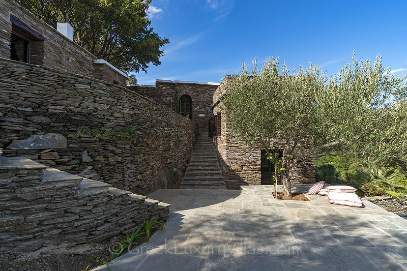Andros traditional stone villa court yard