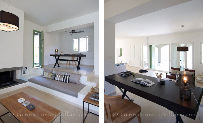 The modern living room area of a big luxury villa in Elounda, Crete
