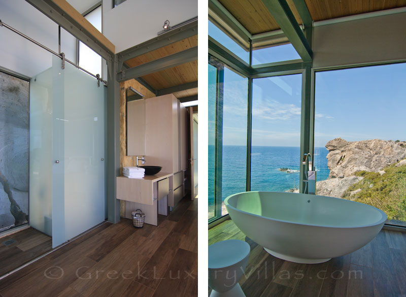 Crete modern sea view villa with pool guesthouse bathroom