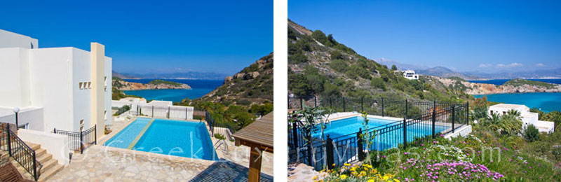 View from of a modern villa with beach access in Crete