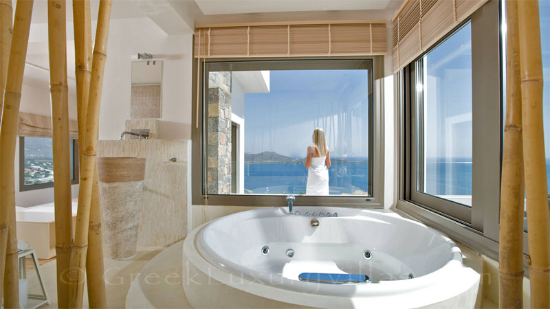 The bathroom of a modern luxury villa overlooking Elounda bay