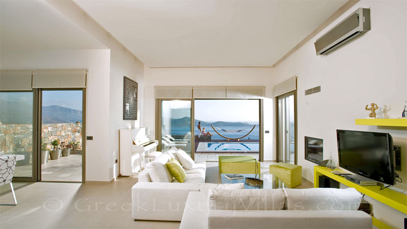 The open plan living room of a modern luxury villa