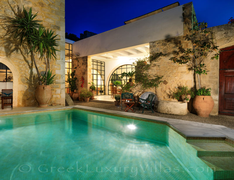 The pool of an exclusive historic villa in a traditional village of Crete