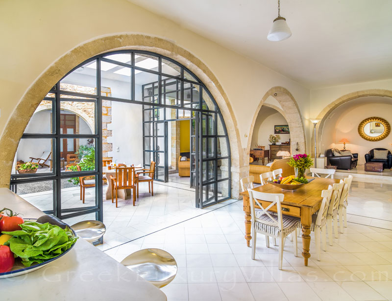 Indoor lounge of the exclusive historic villa in a traditional village of Crete