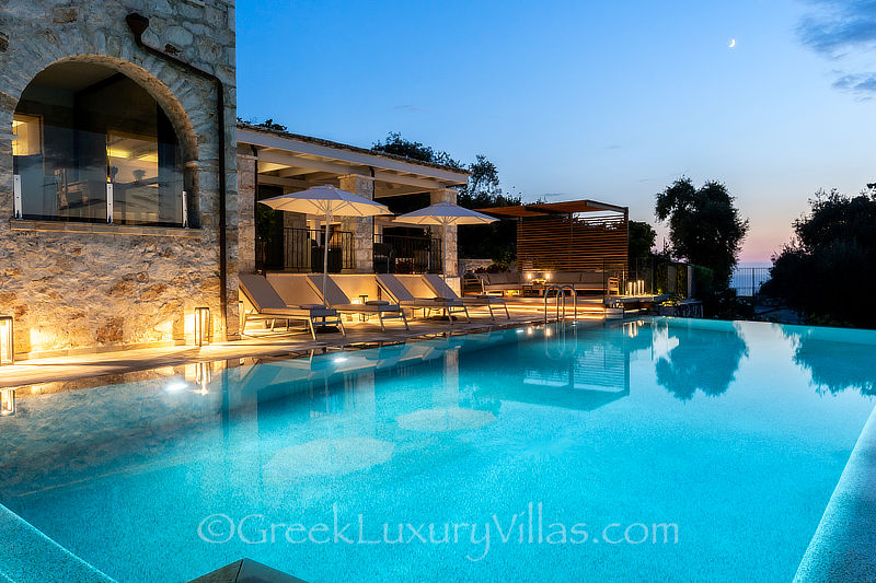 night falls at exclusive luxury villa in Sivota