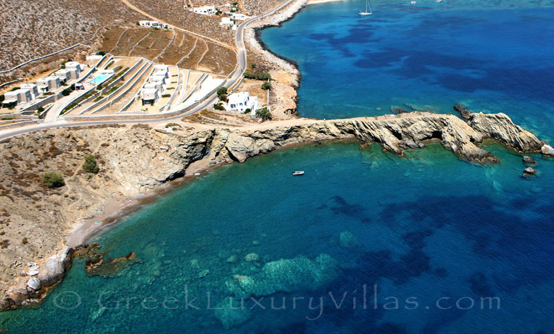 Aerial photo of beachfront villas in Folegandros