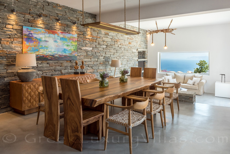 Open plan dining lounge area of luxury villa in Greece
