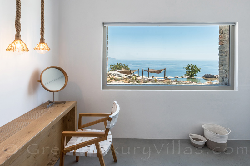 Bedroom with sea view of luxury villa with pool in Kea