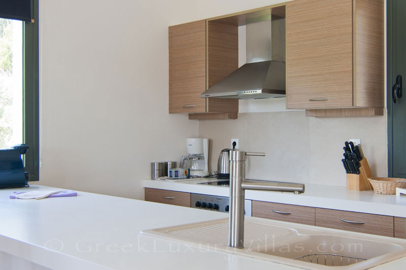 The open plan kitchen of a modern, three bedroom villa in Kefalonia