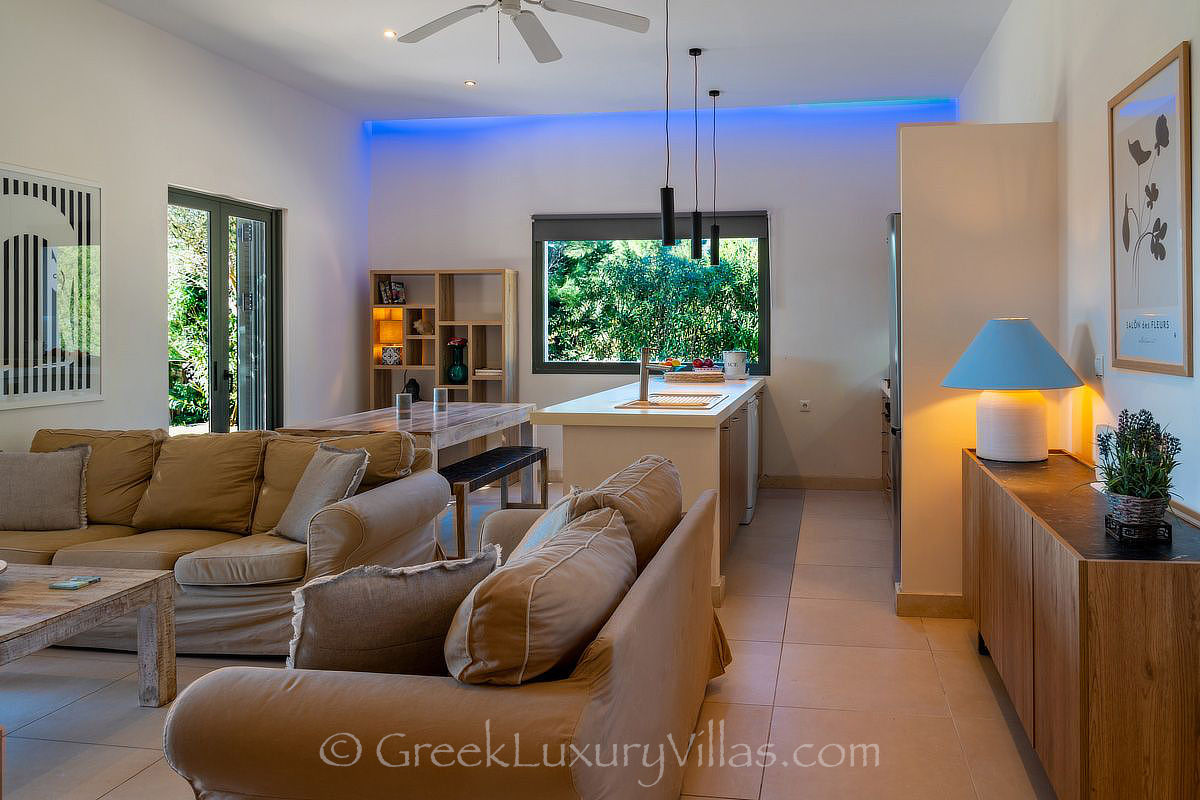 open plan living room kitchen of villa by the beach