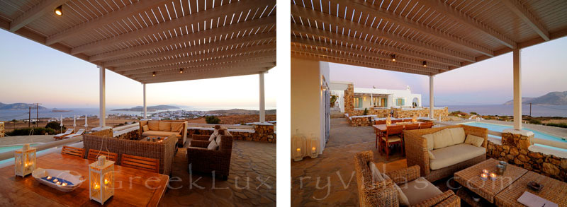 Outdoor dining area of luxury villa with pool in Koufonisi