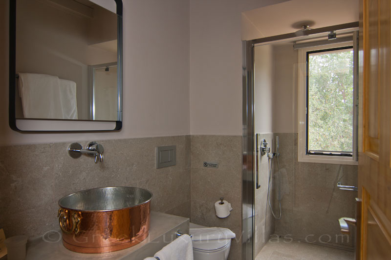 Bathroom with a rainshower in a modern villa in Lefkas