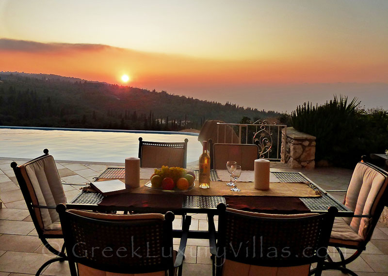 Seaview at sunset from the pool of a luxurious villa in Lefkas