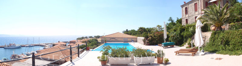 Panorama view of traditional villa with pool in Molivos, Lesvos