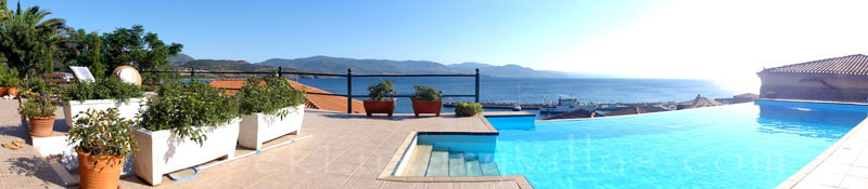 Panorama view of traditional villa with pool in Molivos, Lesvos