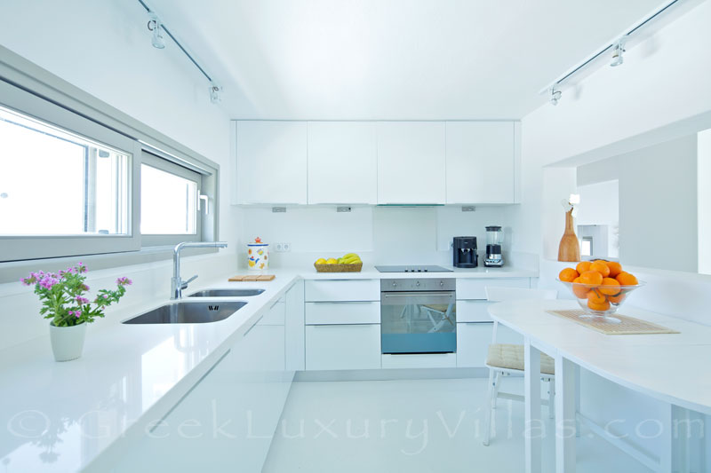 Mykonos Kalafatis-Beach luxury villa white kitchen
