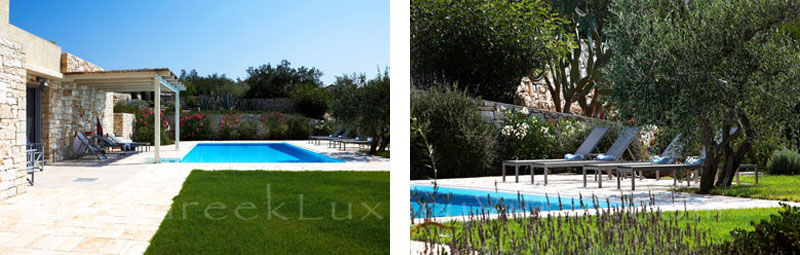 A pool area with sea view at a beachfront villa in Paxos