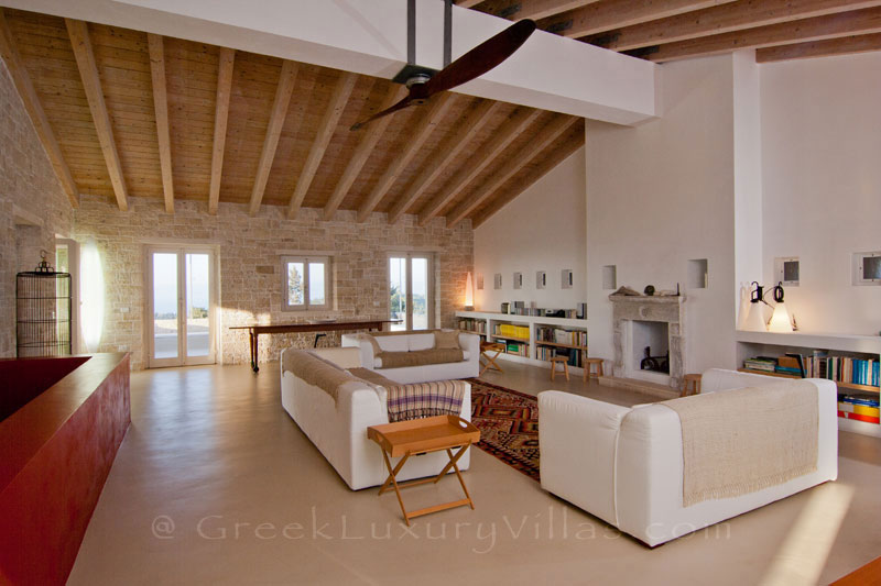 The living-room in a hiltop estate in Paxos