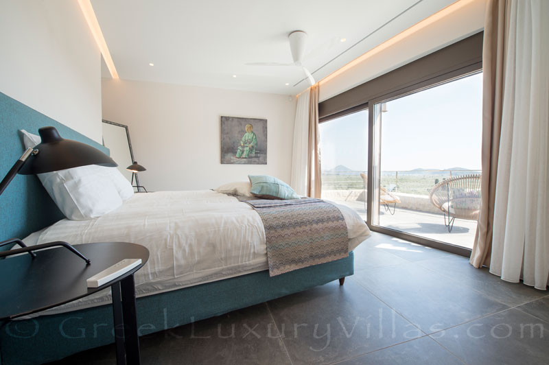 View from contemporary luxury villa double bedroom at Costa Navarino, Gialova