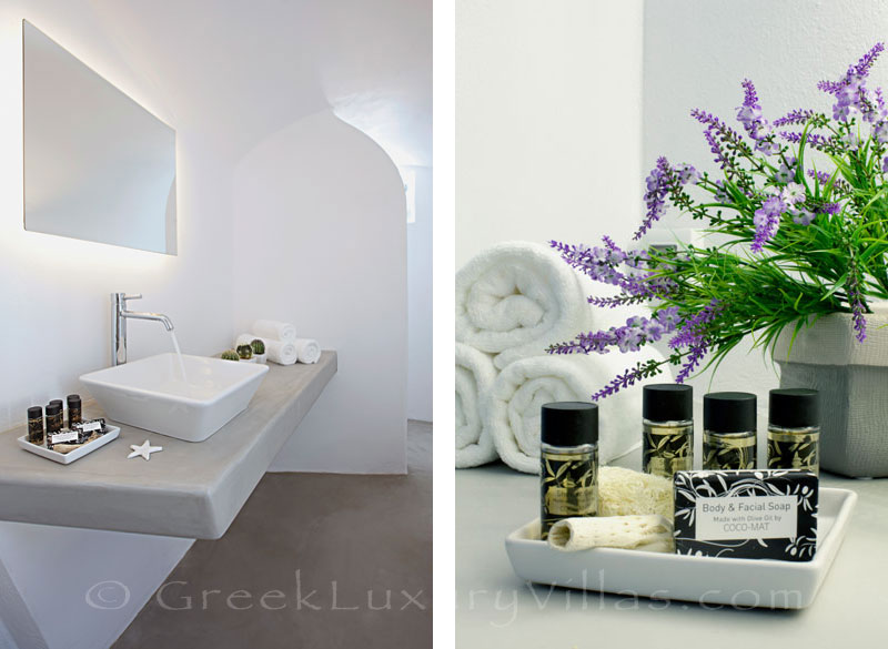 The bathroom of a contemporary luxury villa in Santorini
