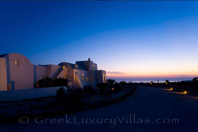 The Black Rock luxury villa in Santorini at sunset