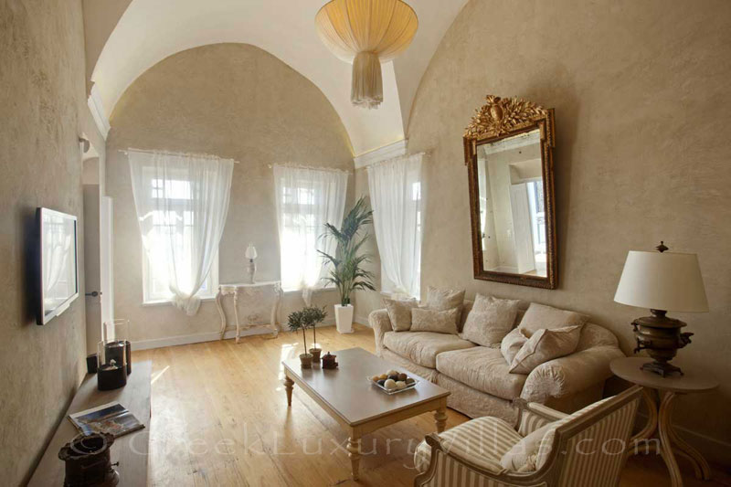 The lounge of an elegant villa in Oia, Santorini