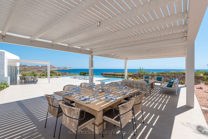 Outdoor Dining of Modern Seafront Luxury Villa with Pool in Syros