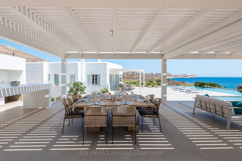 Outdoor Lounge Area of Modern Seafront Luxury Villa with Pool in Syros